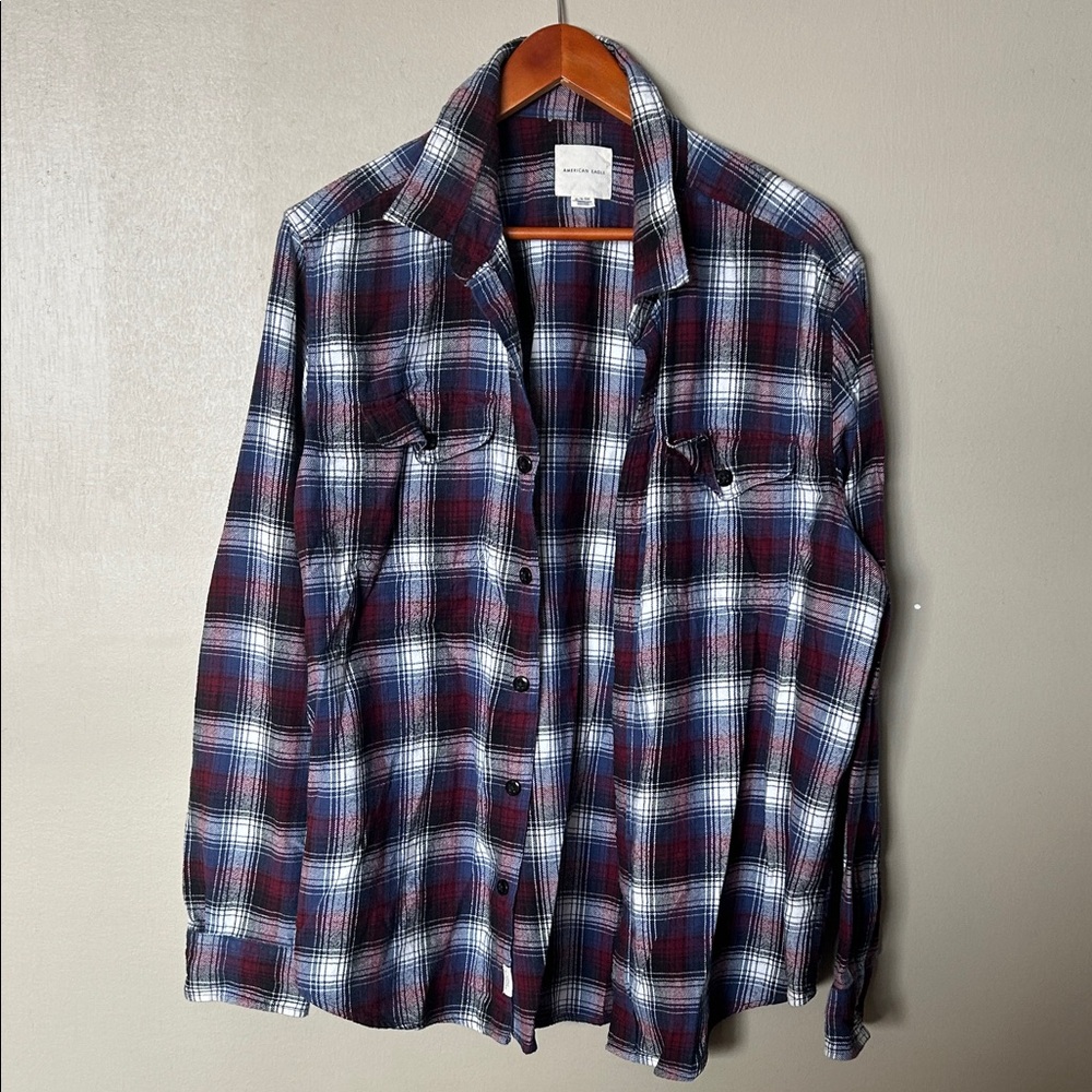 American Eagle Men's Plaid Flannel Shirt - Red, Blue & White